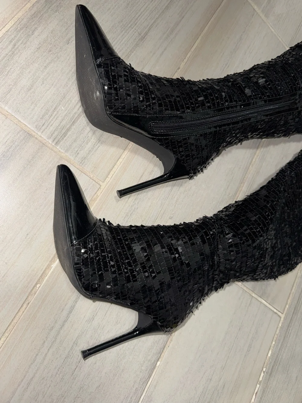 Black Sequins Knee-High Stiletto Heel Boot